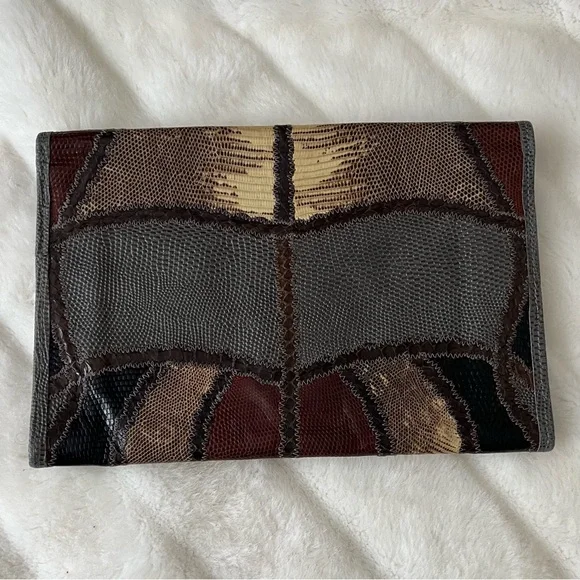 Carlos Falchi 1980s Grey/Brown/Black Exotic Skins Vintage Clutch